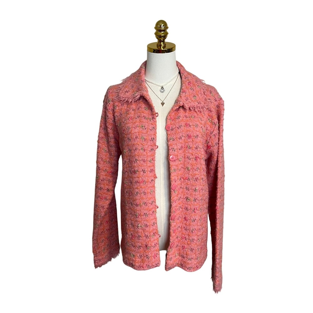 JH Collectibles Pink Tweed Knit Cardigan Sweater Wool Blend Fringe Collar Large